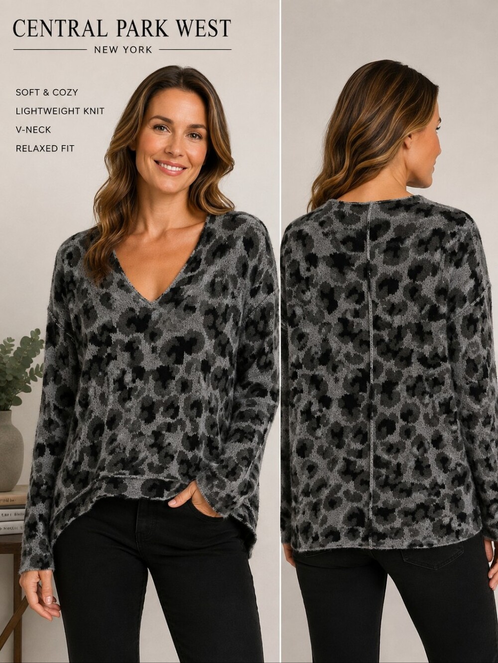 Central Park West Cozy Leopard Print Sweater Gray Black V Neck Knit Medium